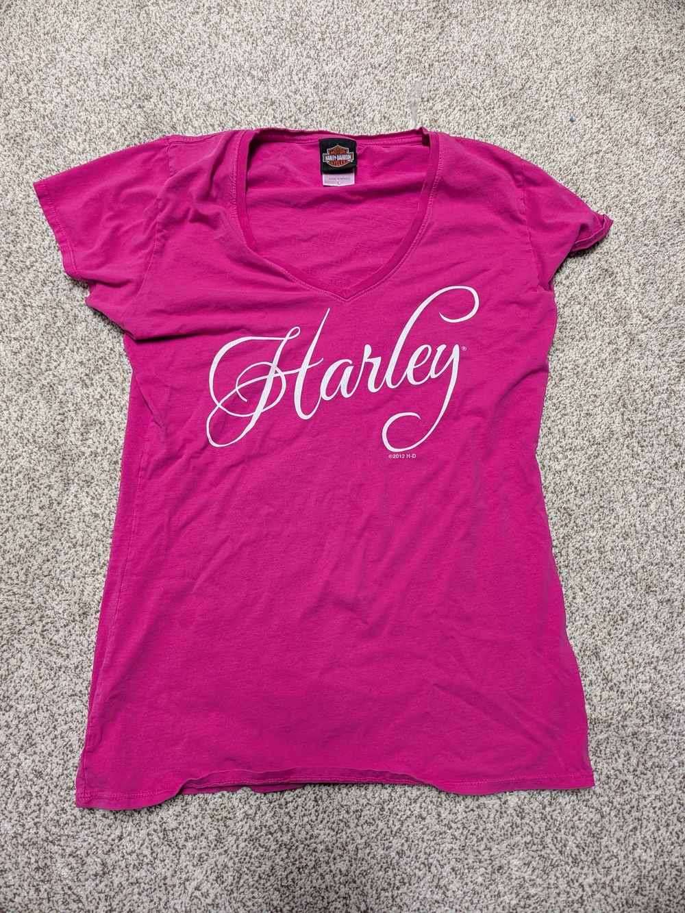 Harley Davidson Hot Pink Script Logo V Neck T Shirt Large